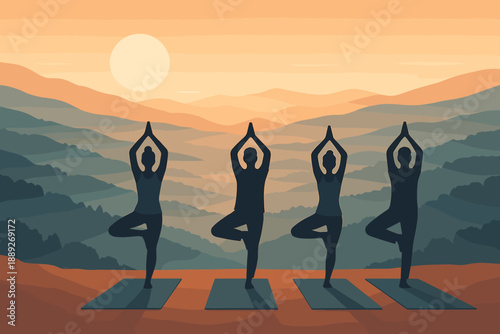 People practice yoga on mats with mountains in the background during sunset