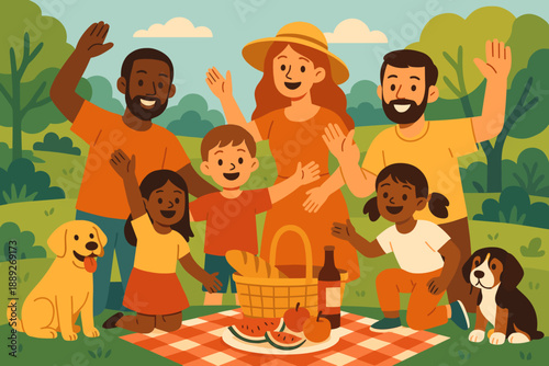 Family enjoys picnic in sunny park with food, drinks, and happy faces while dog plays nearby