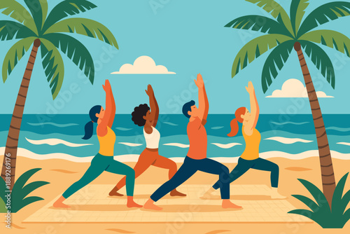 Group of people practicing yoga on the beach near palm trees by the ocean during a sunny day