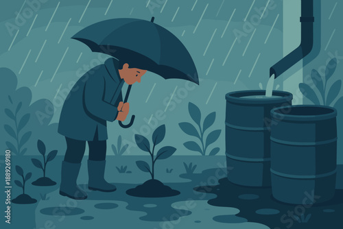 Boy holding umbrella stands near barrels during rain collecting water for young plants in garden in late afternoon