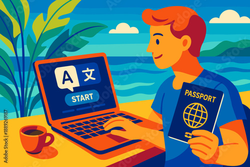 Person learns a new language online at a beach location while holding a passport and enjoying a drink