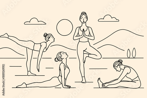 Four women practice various yoga poses in a natural setting near mountains and clouds during daylight