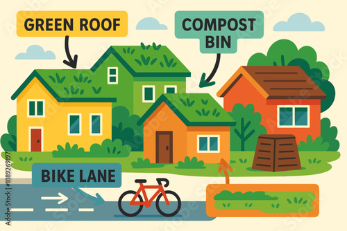 Focus on community sustainability with green roofs, compost bins, and bike lanes seen in the neighborhood during daytime