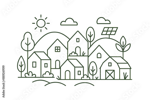 Village scene with houses, trees, sun, clouds, and solar panels in a simple line drawing style