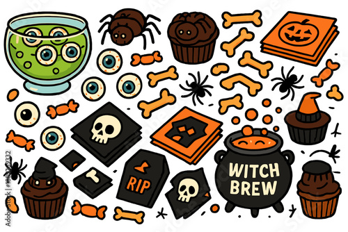 Colorful Halloween decorations with spooky items like cauldrons, bones, and desserts set for a festive celebration