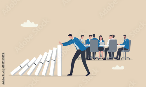 Reliability, supporte concept, reliable businessman leader protect domino from collapse on colleagues