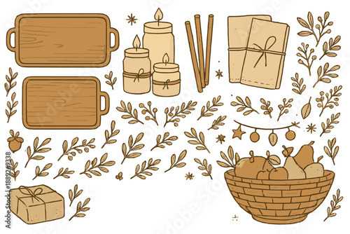 Sketch showing kitchen items, candles, decorative elements, and a fruit basket on a white background in a simple line art style
