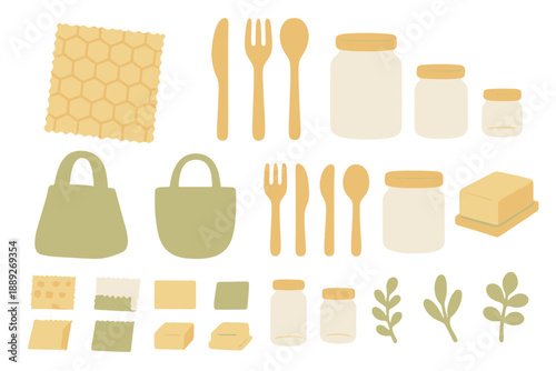 Items for kitchen and shopping laid out on light background with jars, utensils, and bags arranged in groups