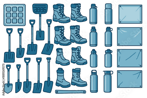 Variety of outdoor gear and tools arranged on a white background for camping and hiking activities in spring or summer time