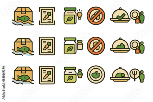 Food safety symbols and icons show guidelines for handling fish and vegetables in a kitchen setting