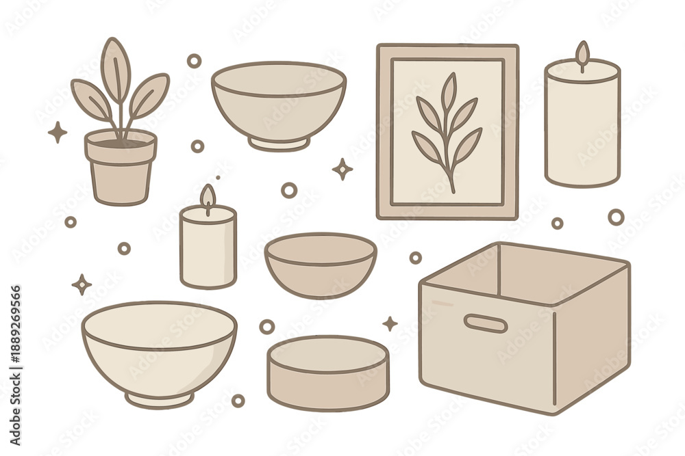 Fototapeta premium Decorative items with plants and bowls in a simple layout for home organization