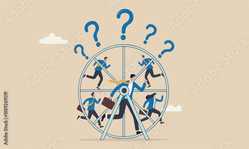 Office salary, inefficient work hard trap that never finish concept, frustrated businessman in hurry running in rat race wheel