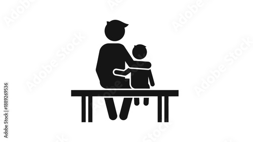 Silhouette of a man sitting with a child on a bench.