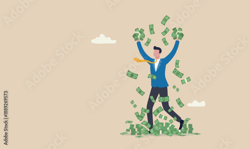 Success and wealthy entrepreneur, investment profit and earning, FED stimulus monetary policy concept, happy businessman millionaire throw out pile of money banknotes flying into the air.