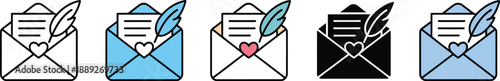 hand-drawn envelope icons, with feather and heart for mail and communication