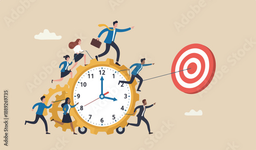 Time management, work schedule and deadline or productivity efficiency work concept, businessmen rolling clock skillful man middle team togethers success manage to target