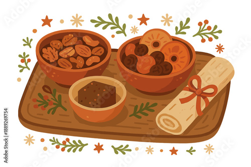 Snack trays display different types of sweets with nuts, dried fruits, and chocolate near holiday decorations