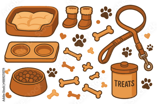 Dog care items and accessories shown with food bowls, treats, leash, and boots laid out on a white background in a fun design