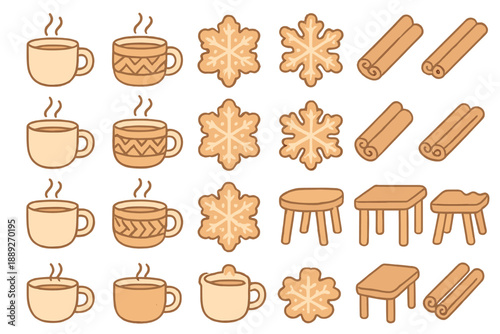 Warm cups and winter treats in a cozy setting with snowflakes and spices during the chilly season