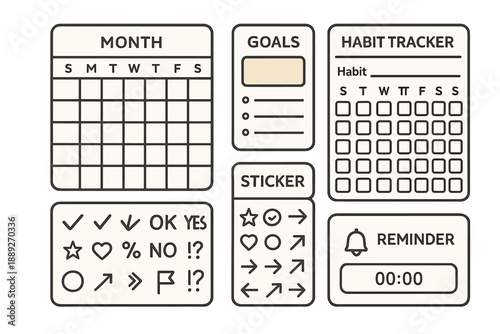 Monthly planner layout with goals, habit tracker, reminders, and stickers for organization