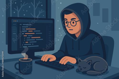 Young person works on computer while sitting at desk with coffee and sleeping cat at night in cozy room