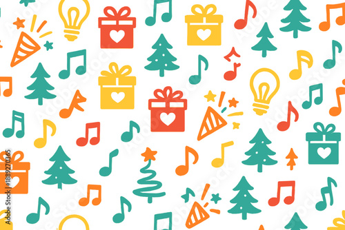Colorful patterns show gifts, music notes, trees, and party elements with a fun vibe for celebrations and events
