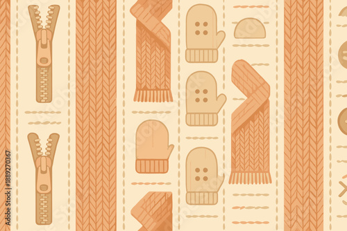 Patterns of mittens and zippers on textured background in warm colors