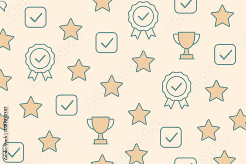 Patterns of awards and achievements with stars, trophies, and check marks on a light background