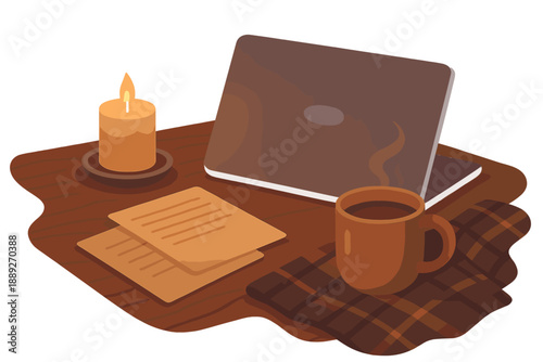 Cozy workspace with laptop, candle, cup of coffee, and papers on a wooden table in a warm setting during evening hours