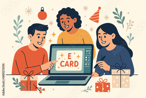 Friends create a digital e-card together during a holiday gathering at home in the afternoon