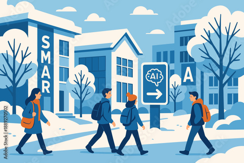 Students walk through a snowy campus while heading towards the artificial intelligence building on a winter day