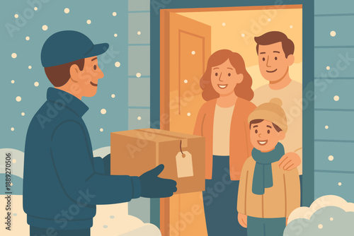 Delivery person brings package to family during winter evening at home with light snow falling outside