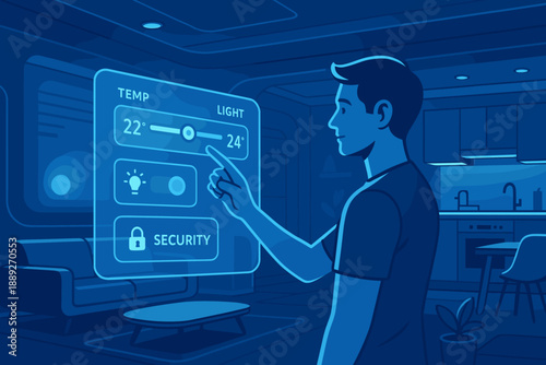 Smart home control is used by a person in a living room while adjusting temperature and lighting settings at night