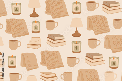 Cozy scene with warm colors, blankets, candles, mugs, and books in a home setting during autumn or winter season
