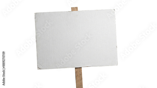 Blank white protest sign board attached to a wooden stick on transparent background