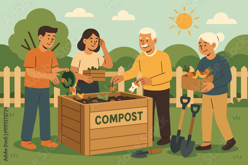 Friends work together to create compost in a sunny garden while sharing vegetables and enjoying the outdoors