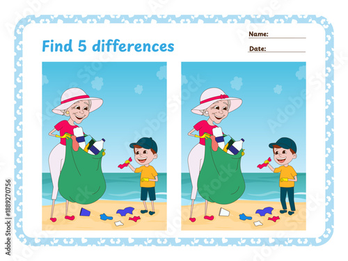 Find 5 Differences Game. Grandmother and Boy Cleaning the Beach
