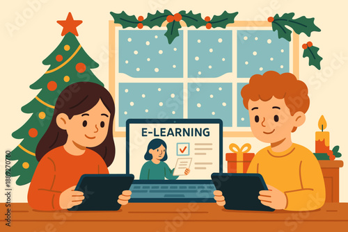 Students engage in e-learning at home during the holiday season with decorations, gifts, and a festive atmosphere
