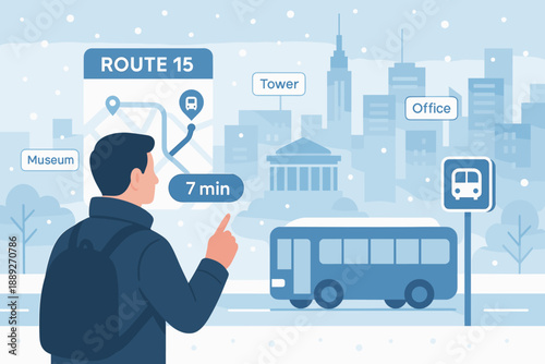 Man looks at bus route sign and waits for bus in city during snow in winter season while pointing to route details