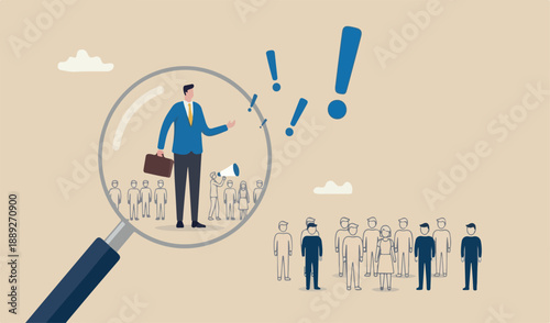 Chosen candidate, winning applicant to get new job, HR or human resources, hire outstanding candidate, employment and recruitment concept, outstanding businessman magnifying glass among applicants