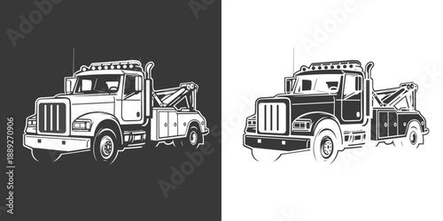 Tow Truck Silhouette: A detailed black and white illustration of a tow truck, showcasing the robust design and essential service it provides for roadside assistance.
