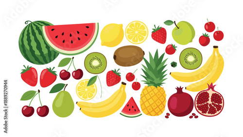 Large colorful collection of various cartoon fruits and berries isolated on a clean white background for design projects.