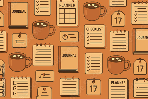 Colorful pattern of journals, planners, checklists, and coffee cups on an orange background that shows organization tools and stationery items