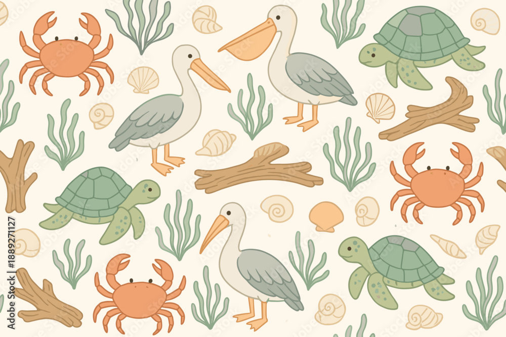 Obraz premium Animals and plants in a coastal scene with crabs, turtles, and birds on a light background
