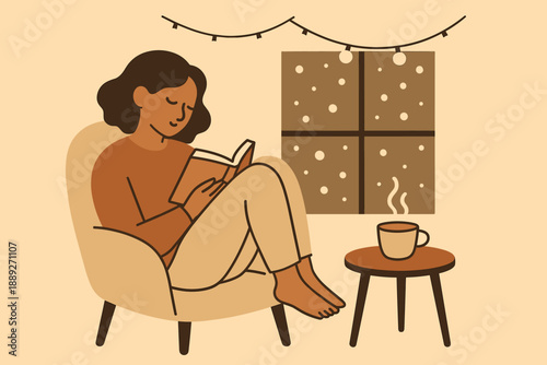 Cozy evening with a book and warm drink near a window with a light display