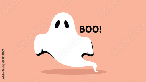Simple and cute cartoon ghost illustration with the word 'BOO!' floating against a solid pink background for Halloween.