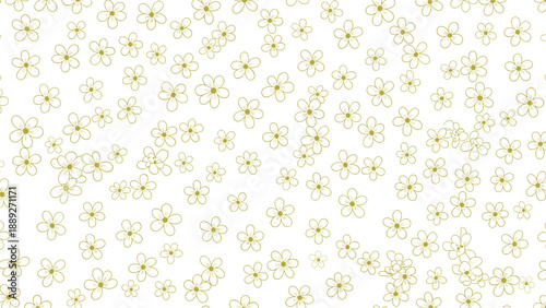 Delicate seamless pattern of small, scattered golden outline flowers on a clean white background for an elegant design.