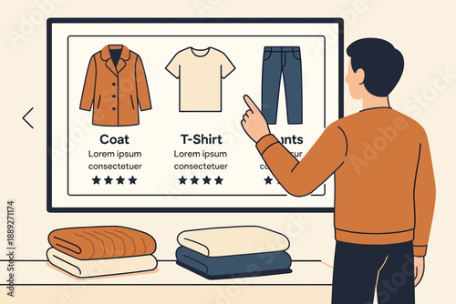 Person selecting clothing items on a digital display at a retail store during daytime for shopping