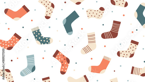 Playful and cozy seamless pattern of colorful socks with different patterns like stripes and polka dots on white background.