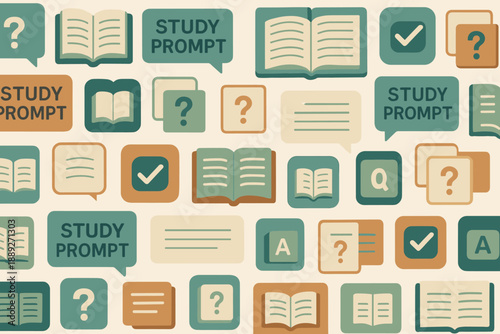 Study prompts and books arranged in a repeating pattern with various questions and ideas for learning in a modern design